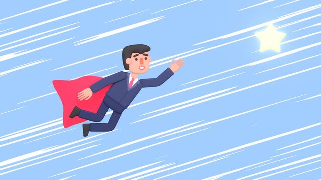 2d animation of a businessman flying in the sky with super hero cape, achieving dreams, goals concept