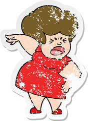 distressed sticker of a cartoon angry woman