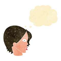 cartoon staring woman with thought bubble