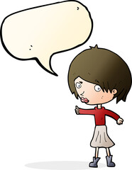 cartoon woman raising eyebrow with speech bubble