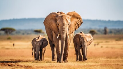 Marvel at the sight of a majestic elephant family, a symbol of strength and unity, as they traverse the expansive savannah. Generated by AI.