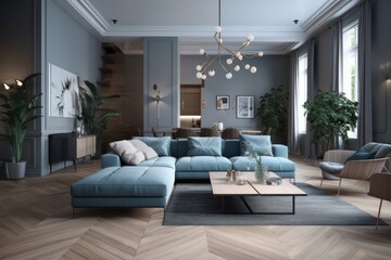Modern minimalist living room. Comfortable soft sofa and armchairs, coffee table, carpet, kitchen with dining area. Soft shades of gray and blue. Generative AI