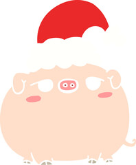 flat color style cartoon pig wearing christmas hat
