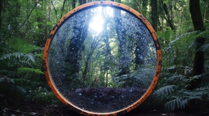 Naklejka premium Peer into the mesmerizing mirror, and behold the reflection of the infinite universe. Its polished surface captures the cosmic tapestry. Generated by AI.