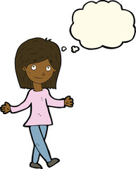 cartoon woman with no worries with thought bubble