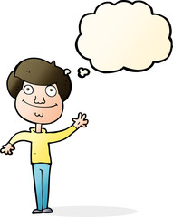 cartoon happy man waving with thought bubble