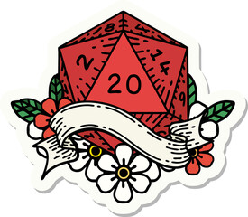 sticker of a natural twenty D20 dice roll