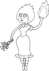 freehand drawn black and white cartoon vampire girl casting fireball