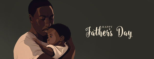 Illustration of african american father with his little son, on black background. Concept of Father's day., fathers love, relationships between dad and child. Created with Generative AI technology.