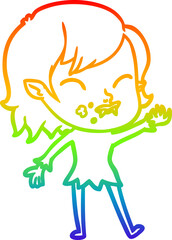rainbow gradient line drawing of a cartoon vampire girl with blood on cheek
