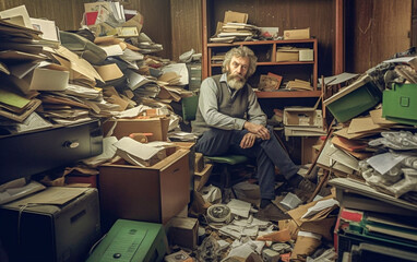 Middle-aged scholar doing research and surrounded by documents and folders - ai generative