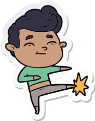sticker of a happy cartoon man kicking
