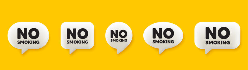 No smoking tag. 3d chat speech bubbles set. Stop smoke sign. Smoking ban symbol. No smoking talk speech message. Talk box infographics. Vector