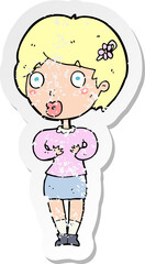 retro distressed sticker of a cartoon surprised woman