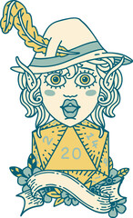 Retro Tattoo Style elf bard with natural twenty dice roll