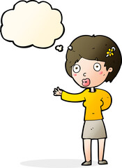 cartoon waving woman with thought bubble
