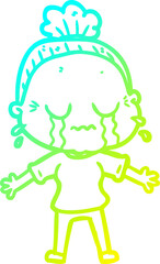 cold gradient line drawing of a cartoon crying old lady