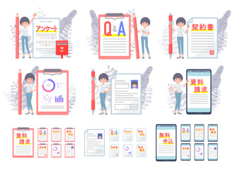 様々な書類とTシャツマッシュヘア女性のセット