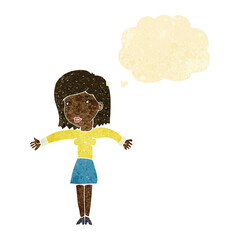 cartoon woman shrugging shoulders with thought bubble