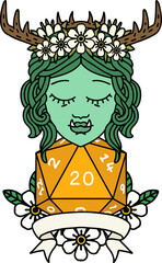 Retro Tattoo Style orc druid character with natural twenty dice roll