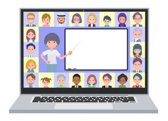 オンラインで授業を教えているTシャツマッシュヘア女性のセット