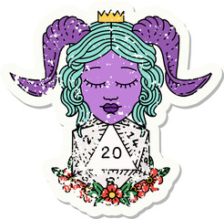 grunge sticker of a tiefling with natural twenty d20 dice roll