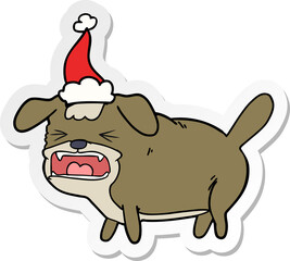 hand drawn sticker cartoon of a dog barking wearing santa hat