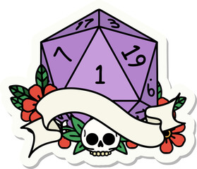 sticker of a natural one d20 dice roll