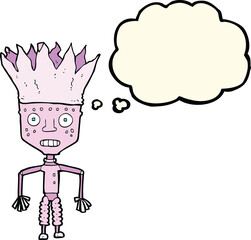 funny cartoon robot wearing crown with thought bubble