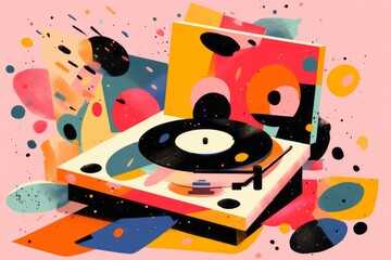 Record player, vinyl, chaotic colors. Beautiful illustration picture. Generative AI