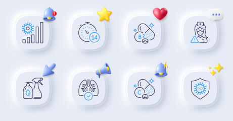 Vitamin c, Coronavirus statistics and Lungs line icons. Buttons with 3d bell, chat speech, cursor. Pack of Cleaning liquids, Nurse, Riboflavin vitamin icon. Quarantine, Coronavirus pictogram. Vector