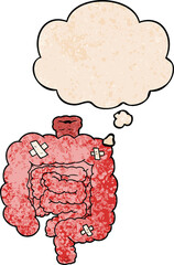 cartoon repaired intestines with thought bubble in grunge texture style