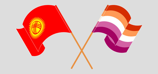 Crossed and waving flags of Kyrgyzstan and Lesbian Pride