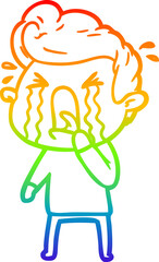 rainbow gradient line drawing of a cartoon crying man