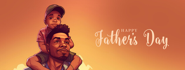 Illustration of african american father carrying his little son on shoulders. Concept of Father's day, fathers love, relationships between dad and child. Created with Generative AI technology.