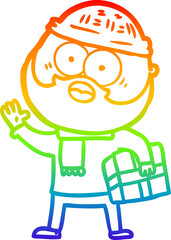 rainbow gradient line drawing of a cartoon bearded man with present