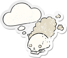 cartoon dusty old skull with thought bubble as a distressed worn sticker