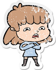 distressed sticker of a cartoon worried woman