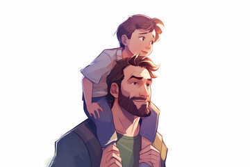 Illustration of father carrying his little son on shoulders. Concept of Father's day, fathers love, relationships between dad and child. Created with Generative AI technology.