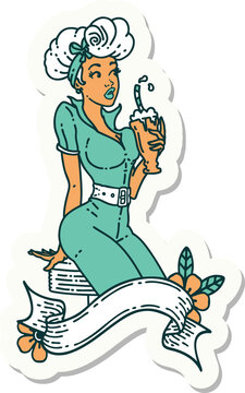 sticker of tattoo in traditional style of a pinup girl drinking a milkshake with banner