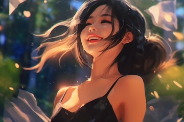 Naklejka premium Asian ethnicity. A very gorgeous woman is outdoors. Beautiful illustration picture. Generative AI