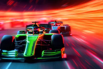 Gordijnen Formula One Car with Neon Light Speed Track Created with Generative AI Technology © charnsitr