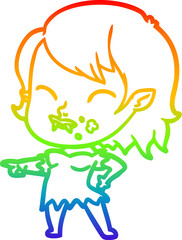 rainbow gradient line drawing of a cartoon vampire girl with blood on cheek
