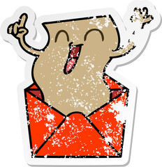 distressed sticker of a quirky hand drawn cartoon happy letter
