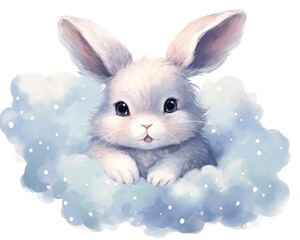 dreamy and ethereal watercolor print of a rabbit surrounded by floating clouds and stars. soft pastel shades and gentle brushstrokes to create a sense of tranquility and enchantment  Generative AI