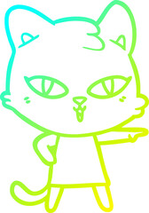 cold gradient line drawing of a cartoon cat in dress pointing
