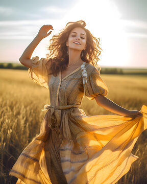 A beautiful woman with a long summer dress dancing in the sunshine in the nature - Generative AI