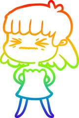 rainbow gradient line drawing of a cartoon angry girl