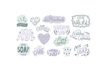 Set of vector isolated stickers or labels for packaging of natural cosmetics and soaps with lettering. Floral lavender patterns and frames with leaves.