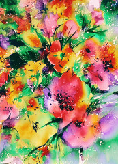 Obraz na płótnie Canvas illustrazione generative ai di esuberante sfondo floreale multicolore, fiori dai colori brillanti e saturi con colori ad acqua